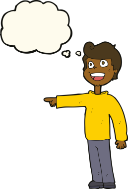 Çizgi filmci bir insan tarafından çizilmiş düşünce balonuyla gülüyor ve işaret ediyor.