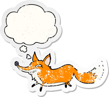 Düşünce baloncuğu olan kurnaz tilki çizgi filmi bir insan tarafından çizilmiş yıpranmış bir çıkartma gibi.