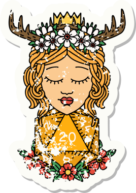 Bir insan tarafından çizilmiş doğal yirmi zarlı bir Druid 'in grunge çıkartması.