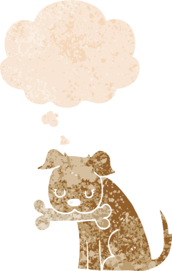 Düşünce baloncuğu ile çizgi film köpeğinin grunge sıkıntılı retro tarzı bir insan tarafından çizilmiş