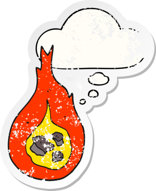 Düşünce baloncuklu çizgi film ateş topu. Bir insan tarafından çizilmiş yıpranmış bir çıkartma gibi.