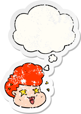 Düşünce baloncuğu olan heyecanlı çocuk, bir insan tarafından çizilmiş yıpranmış bir çıkartma.