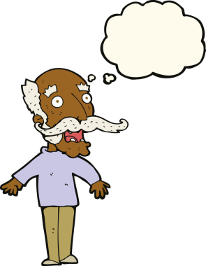 Bir insan tarafından çizilen düşünce baloncuğuyla şaşırmış yaşlı adam çizgi filmi.