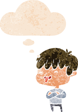 Çizgi filmci çocuk, bir insan tarafından çizilmiş dertli eski moda tarzında, düşünce baloncuğuyla dilini dışarı çıkartıyor.