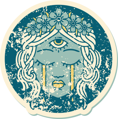 Bir insan tarafından çizilmiş mistik üçüncü gözün ağlayan kadın yüzünün sembolik dövmeli görüntüsü.