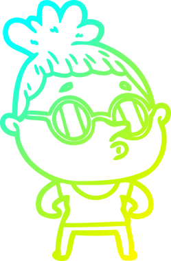 Bir insan tarafından çizilmiş gözlük takan çizgi film kadını çizimi.