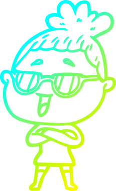 Bir insan tarafından çizilmiş gözlük takan mutlu bir kadının çizgi film çizimi.