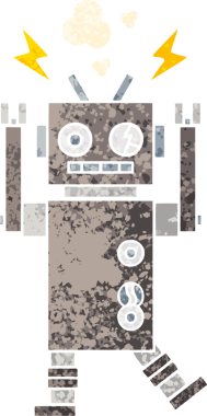 Bir insan tarafından çizilmiş arızalı bir robotun retro çizim tarzı karikatürü