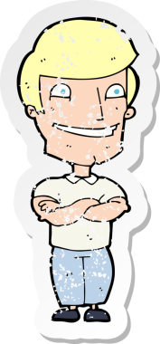 Bir insan tarafından çizilmiş sırıtan bir çizgi film karakterinin kederli retro yapıştırması.