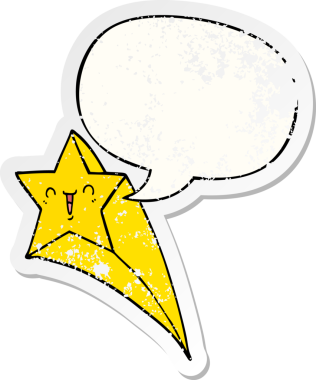 Konuşma baloncuğu ile kayan çizgi film yıldızı bir insan tarafından çizilmiş sıkıntılı eski bir çıkartma