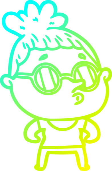 Bir insan tarafından çizilmiş gözlük takan çizgi film kadını çizimi.