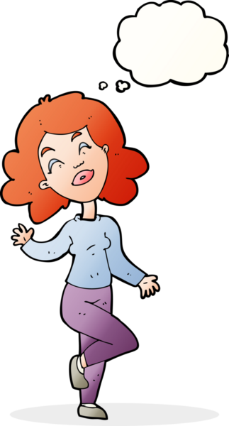 Bir insan tarafından çizilmiş düşünce baloncuğuyla dans eden mutlu kadın çizgi filmi.