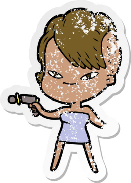 Hipster saç kesimi bir insan tarafından çizilmiş tatlı bir çizgi film kızına ait sıkıntılı bir etiket.