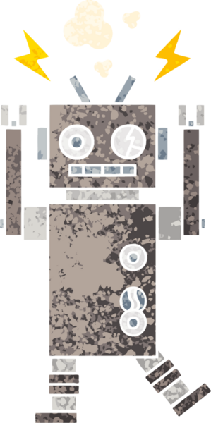 Bir insan tarafından çizilmiş arızalı bir robotun retro çizim tarzı karikatürü