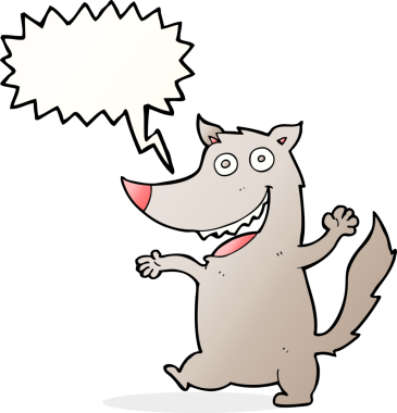 Bir insan tarafından çizilmiş konuşma balonlu mutlu kurt çizgi filmi.