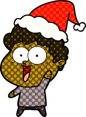 Bir insan tarafından çizilmiş Noel Baba şapkası giyen mutlu bir adamın el çizimi çizgi roman tasviri.