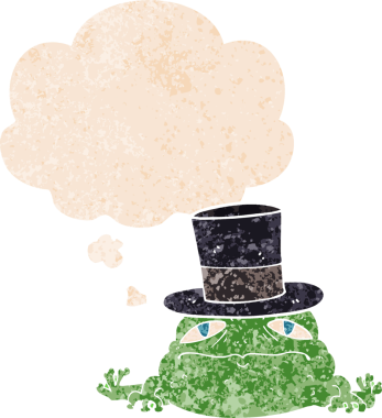 Düşünce baloncuklu çizgi film zengin kurbağa grunge sıkıntılı retro dokuma tarzı bir insan tarafından çizilmiş