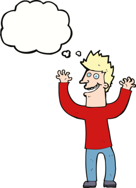 Bir insan tarafından çizilmiş düşünce baloncuğu ile heyecanlı bir adam.