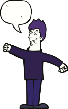 Bir insan tarafından çizilmiş konuşma balonlu mutlu vampir çizgi filmi.