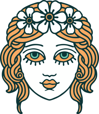 Bir insan tarafından çizilmiş çiçek desenli ikonik bir kadın yüzü.