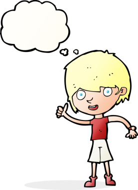 Bir insan tarafından çizilen düşünce baloncuğuyla pozitif tavırlı çizgi film çocuğu.