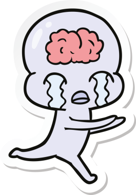 Bir çizgi film çıkartması. Bir insan tarafından çizilmiş büyük beyinli uzaylı ağlaması.