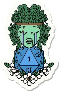 Hüzünlü bir ork barbar karakterinin çıkartması. Doğal bir d20 ruloyla bir insan tarafından çizilmiş.