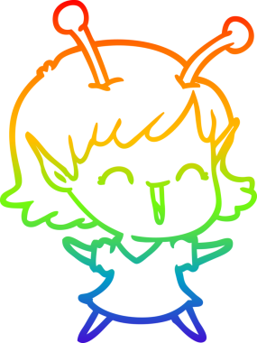 Gökkuşağı gradyan çizgi çizimi bir insan tarafından çizilmiş uzaylı bir kızın gülüşü.