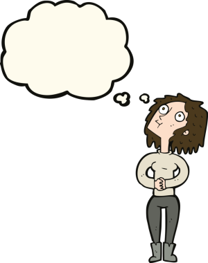 Bir insan tarafından çizilmiş düşünce baloncuğuyla yukarı bakan çizgi film kadını.