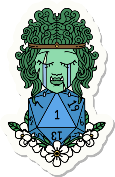 Hüzünlü bir ork barbar karakterinin çıkartması. Doğal bir d20 ruloyla bir insan tarafından çizilmiş.