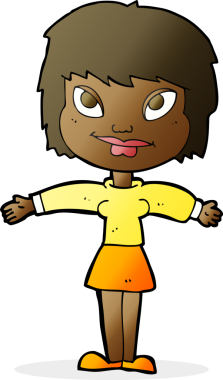 Bir insan tarafından çizilmiş açık kollu çizgi film kadını.