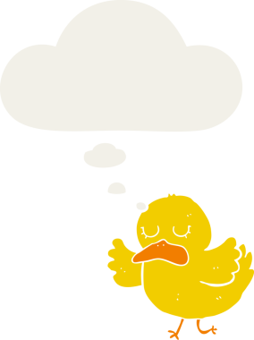 Düşünce baloncuğu olan çizgi film ördeği insan tarafından çizilmiş.