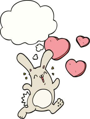 Bir insan tarafından çizilmiş düşünce baloncuğuna aşık çizgi film tavşanı