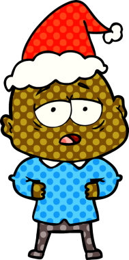 Bir insan tarafından çizilmiş Noel Baba şapkası giyen yorgun kel bir adamın el çizimi çizgi roman çizimi.