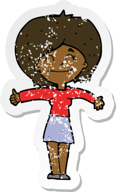 Bir insan tarafından çizilmiş işaret veren karikatürlü bir kadının gerilimli retro çıkartması.