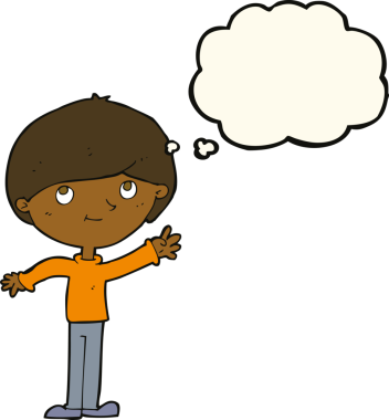 Bir insan tarafından çizilmiş düşünce balonu olan mutlu çocuk çizgi filmi.