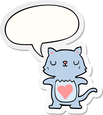 Bir insan tarafından çizilmiş baloncuk çıkartmalı şirin çizgi film kedisi.