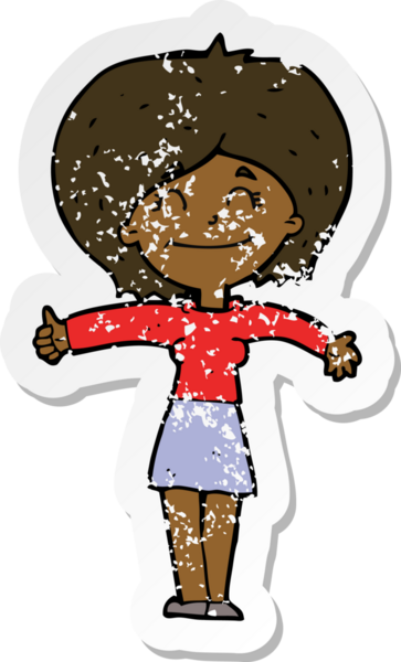 Bir insan tarafından çizilmiş işaret veren karikatürlü bir kadının gerilimli retro çıkartması.