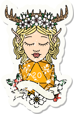 Bir insan tarafından çizilmiş doğal yirmi zarlı bir Elf Druid çıkartması.