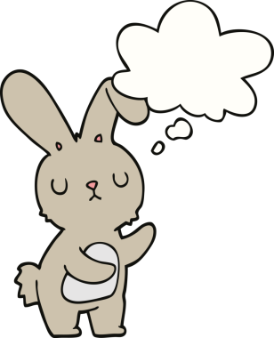 Bir insan tarafından çizilmiş düşünce kabarcığı olan sevimli çizgi film tavşanı.