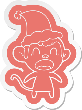 Bir insan tarafından çizilmiş Noel Baba şapkası giyen bir maymunun garip bir çizgi film çıkartması.