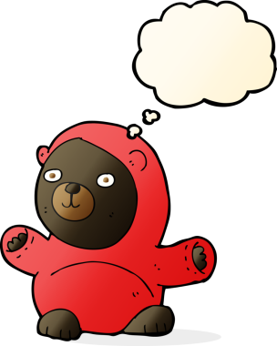 Bir insan tarafından çizilmiş düşünce baloncuğu olan sevimli çizgi film kara ayısı.