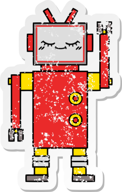 Bir insan tarafından çizilmiş sevimli bir robot çizgi film çıkartması.