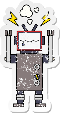 Bir insan tarafından çizilmiş sevimli bir robot çizgi film çıkartması.