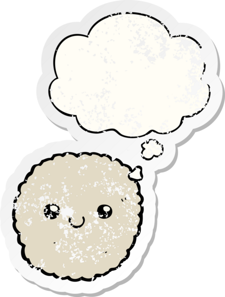Düşünce baloncuklu çizgi film bisküvisi insan tarafından çizilmiş yıpranmış bir çıkartma.