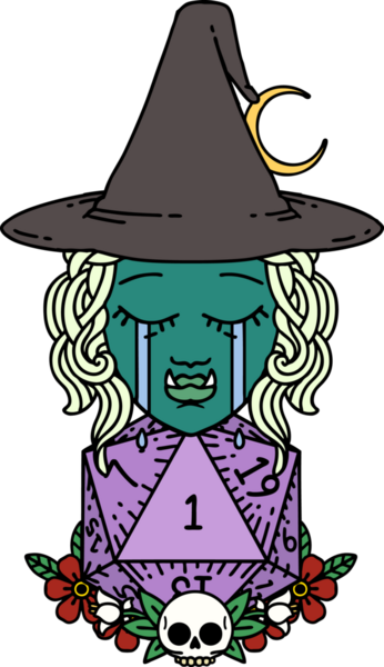 Retro Dövme Tarzı Hüzünlü Yarı Ork Cadı Karakteri