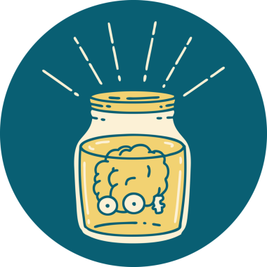 Kavanozda bir insan tarafından çizilmiş dövme stili bir beynin simgesi