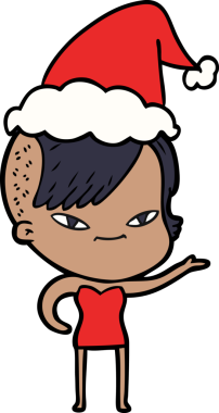 Hipster saç kesimi olan, Noel Baba şapkası takan bir kızın çizdiği el çizimi.