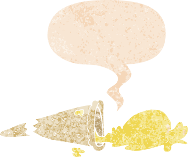 Bir insan tarafından çizilmiş grunge sıkıntılı retro stili ile konuşma baloncuğu ile çizgi film dondurma düştü