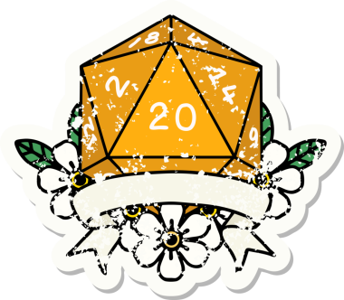 Bir insan tarafından çekilen 20 kritik vuruşluk D20 zar atımının grunge çıkartması.